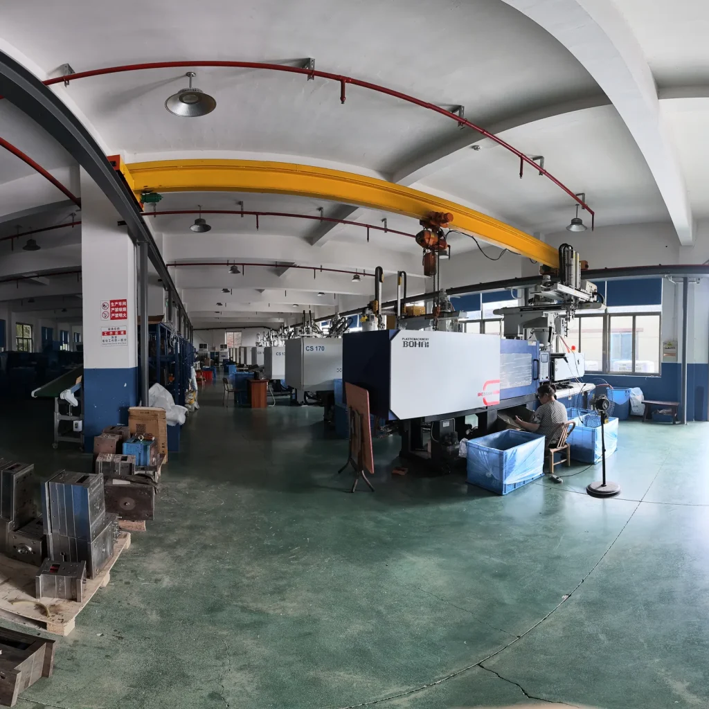 Injection molding production floor with multiple machines and handling equipment